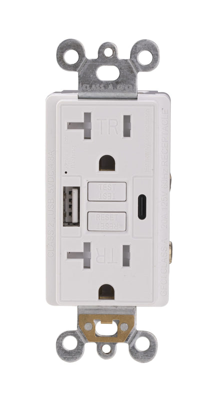 20A GFCI + USB Combo Outlet — Type A+C, Tamper-Resistant, LED Guide Light