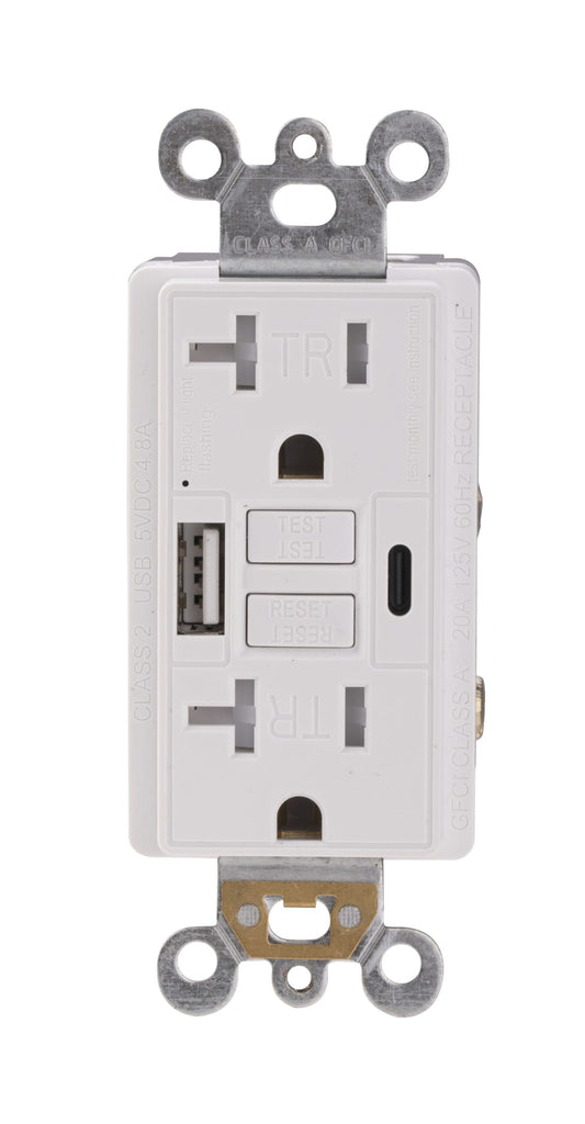 20A GFCI + USB Combo Outlet — Type A+C, Tamper-Resistant, LED Guide Light