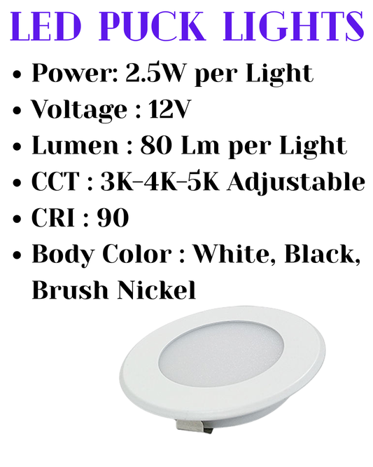 12V Lighthouse 3CCT 2.5W Recessed Led under cabinet Puck light with 58mm cut out hole.