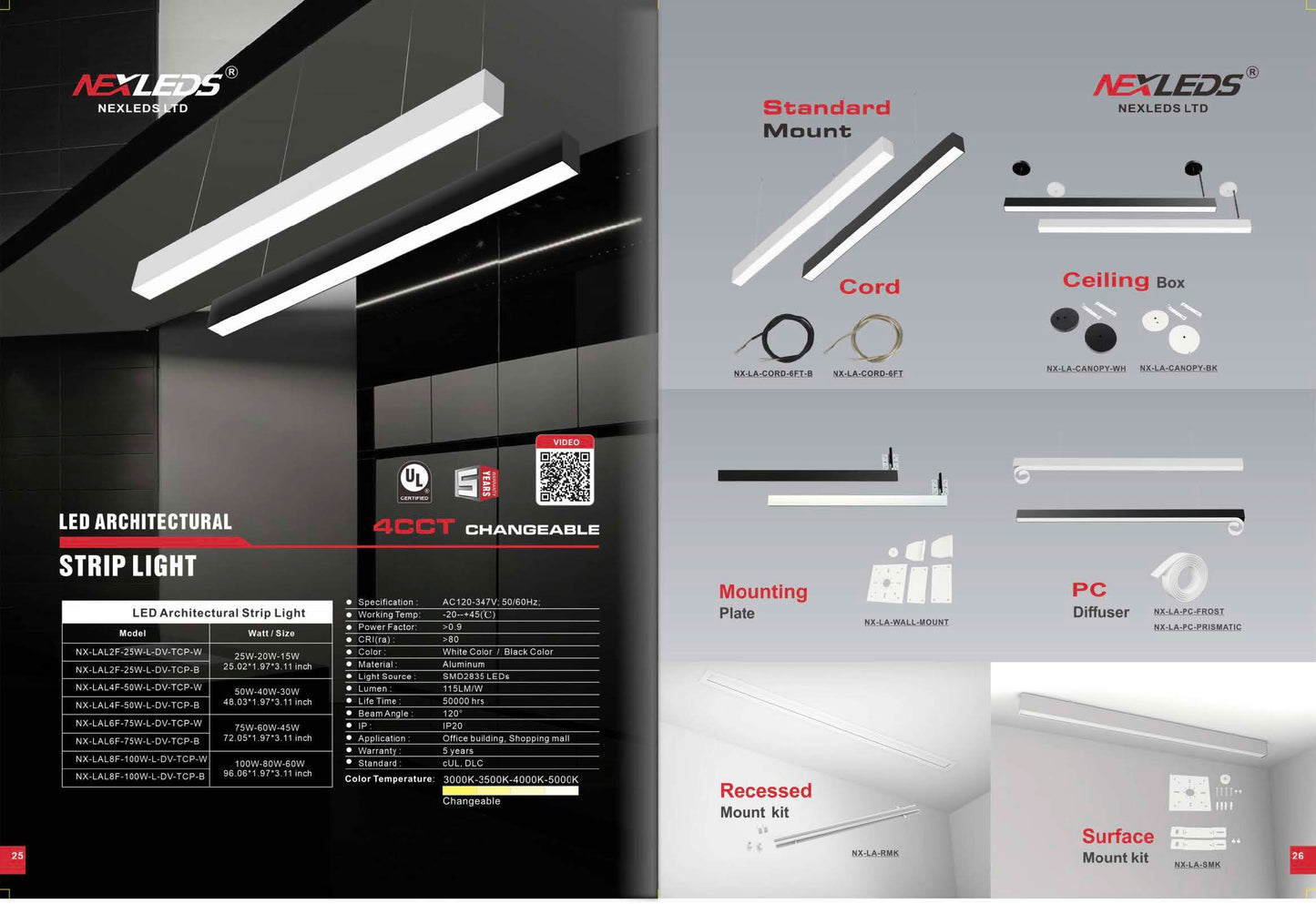 NEXLED LED Architectural Strip Light  4CCT, Selectable Wattage, Linear Suspension (cUL, DLC)