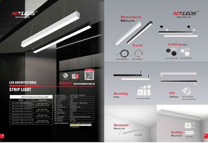 LED Architectural Strip Light  4CCT, Selectable Wattage, Linear Suspension (cUL, DLC)