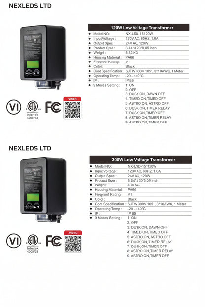 Nexled Low Voltage Transformer, 120W/300W, 24V AC,Timer + Photocell, IP65 (ETL)-for Landscaping lights only.