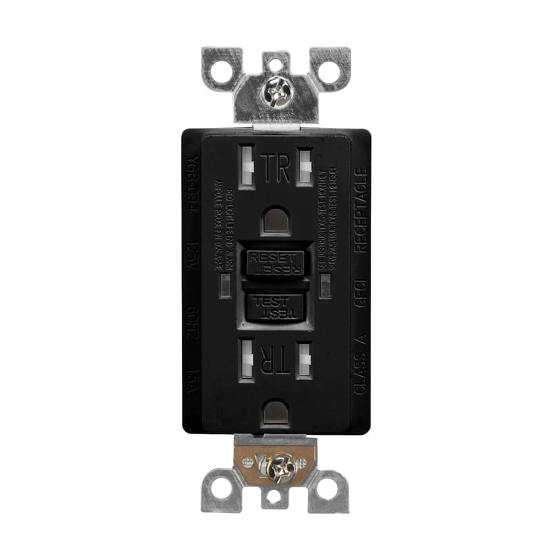 15A black GFCI outlet with LED indicator