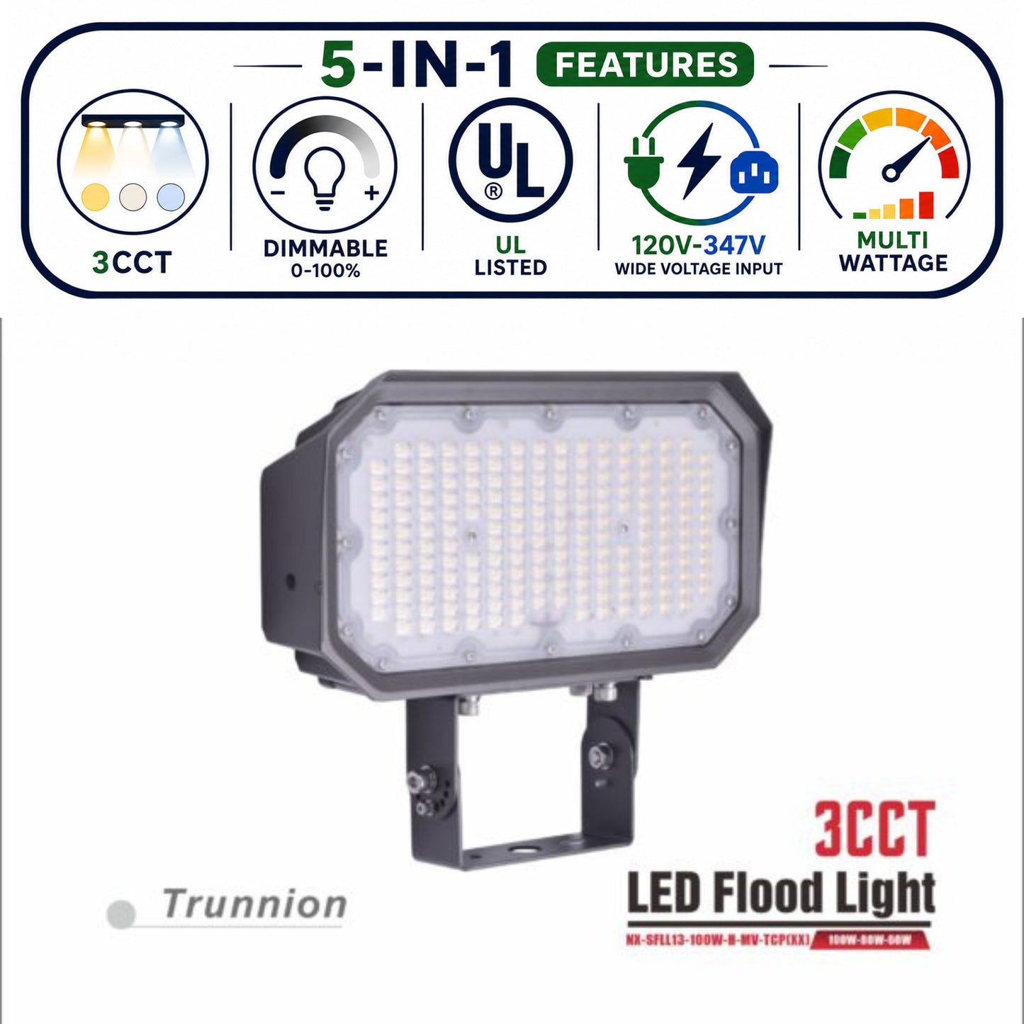 3CCT LED Flood Light, Knuckle Mount 60-100W – NXSFLL-13-100W