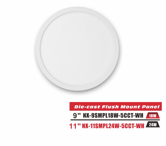 9 inch LED Die-Cast Flush Mount Panel Light, White,CRI>90, NX-9SMPL18W-5CCT-WH