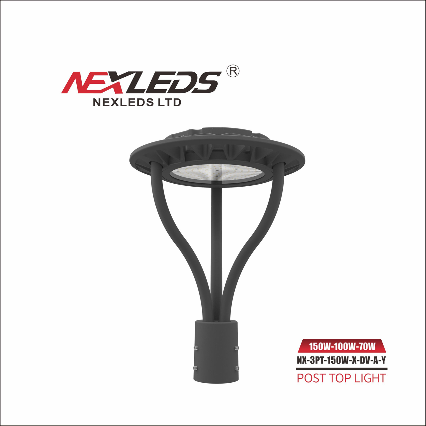 Nexled LED post top light, 150W selectable, 3CCT