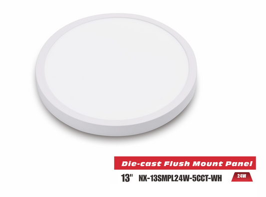 13 inch LED Die-Cast Flush Mount Panel Light, White,CRI>90, NX-13SMPL24W-5CCT-WH