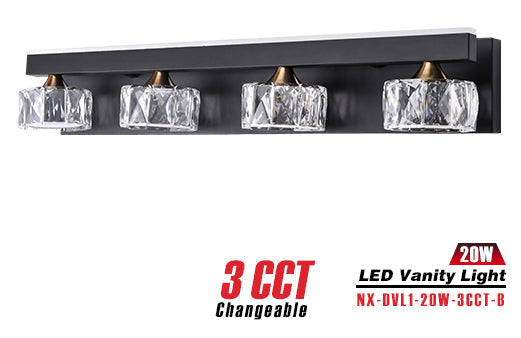 Nexled LED Vanity Light 20W, 2200lm, K9 Crystal, 3CCT, Sand Black + Gold (ETL)