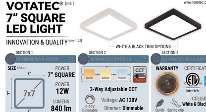 Votatec 7" Square LED Flush Mount  3CCT Adjustable, Dimmable