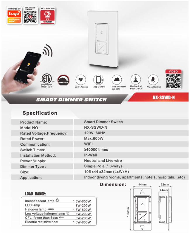 Nexled Smart Dimmer Switch — WiFi, 600W, Single Pole/3-Way (ETL)
