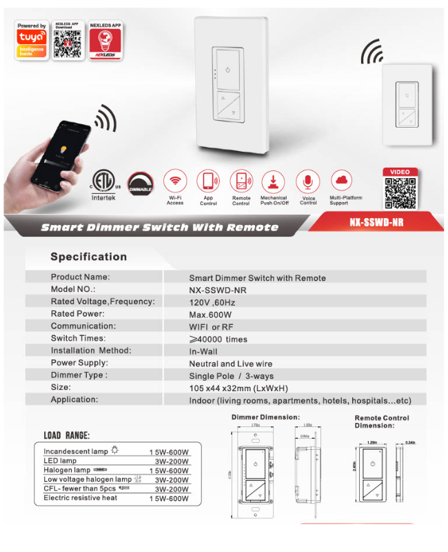 NEXLED Smart Dimmer Switch with Remote, WiFi + RF, 600W, Single Pole/3-Way (ETL)